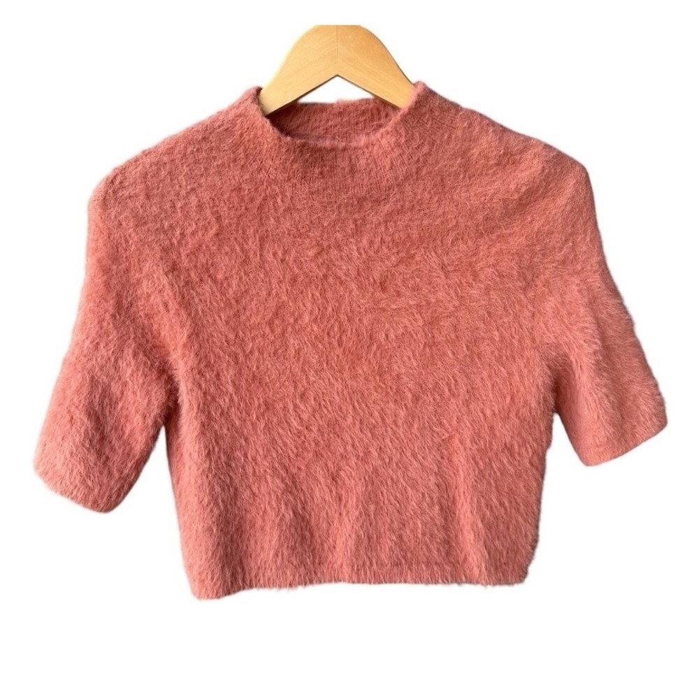 Stitch & Pine Sweater Pink Eyelash Knit Mock Neck Short Sleeve Crop Size Medium
